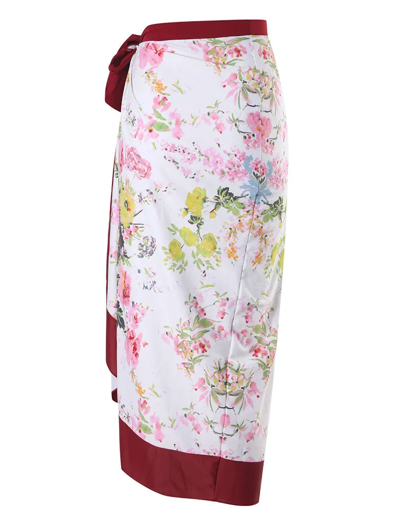 Floral Print Flower Strap One Piece With Bathing Suit Wrap Skirt