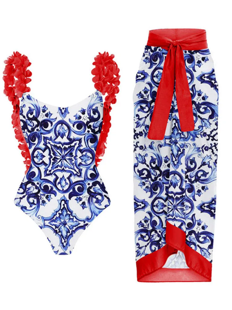Floral Print Flower Strap One Piece With Bathing Suit Wrap Skirt