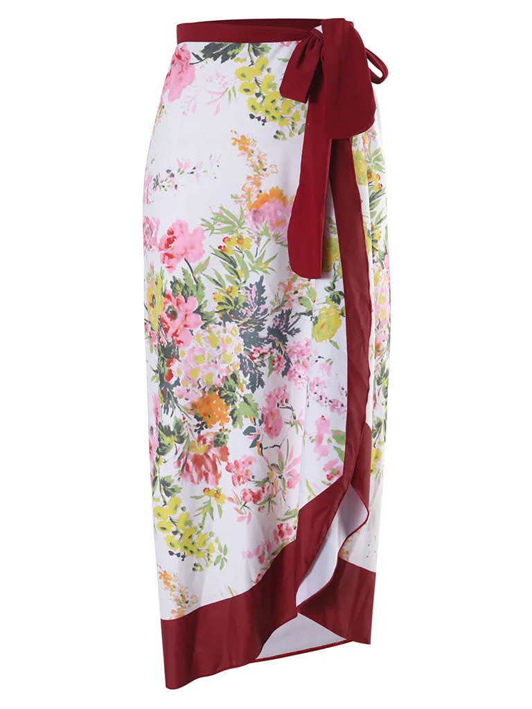 Floral Print Flower Strap One Piece With Bathing Suit Wrap Skirt