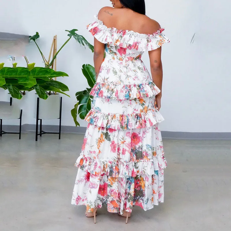 Floral Print Off Shoulder Layered Maxi Dress
