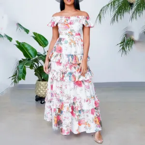 Floral Print Off Shoulder Layered Maxi Dress