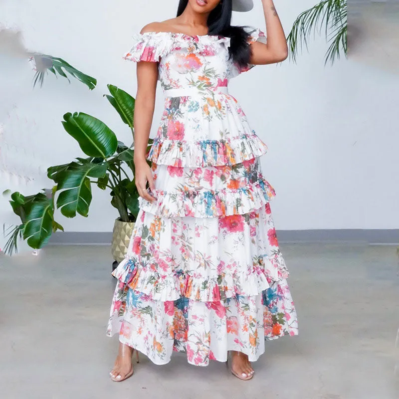 Floral Print Off Shoulder Layered Maxi Dress