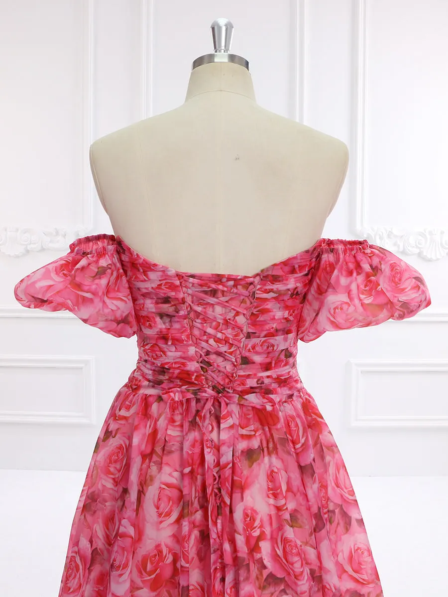 Floral Print Organza Maxi Dress Prom Party Dress Deachable Short Sleeves YW230739