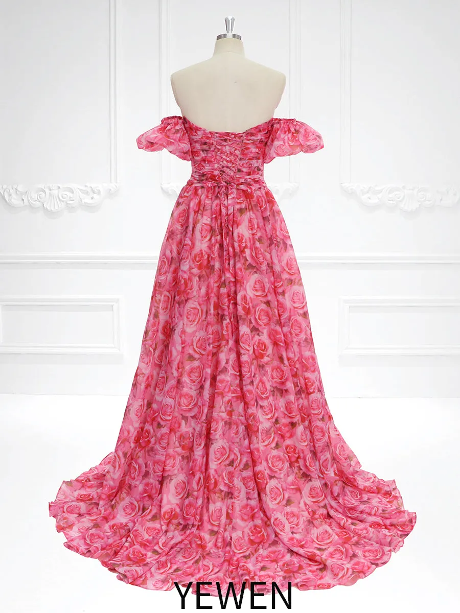 Floral Print Organza Maxi Dress Prom Party Dress Deachable Short Sleeves YW230739