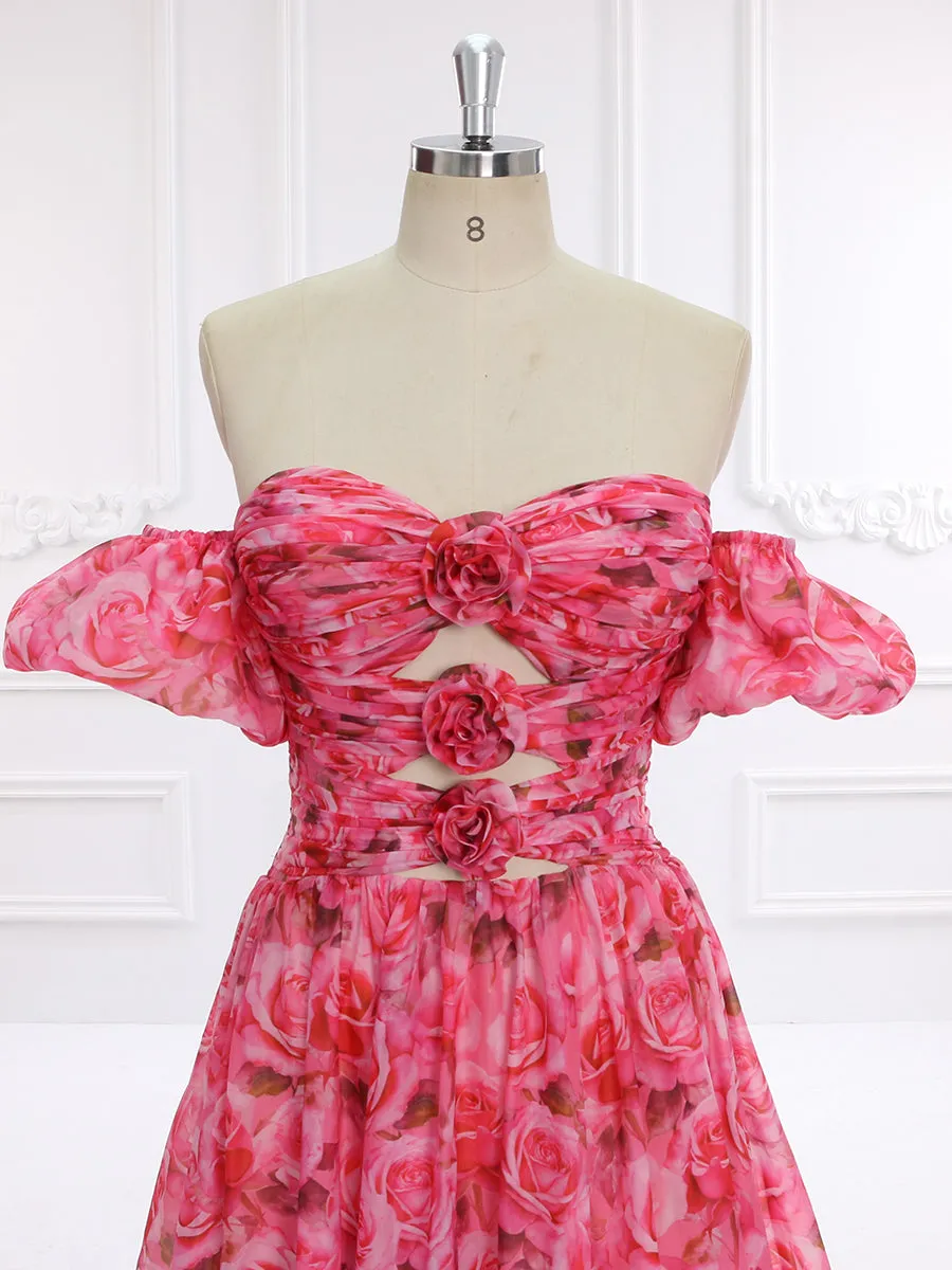 Floral Print Organza Maxi Dress Prom Party Dress Deachable Short Sleeves YW230739