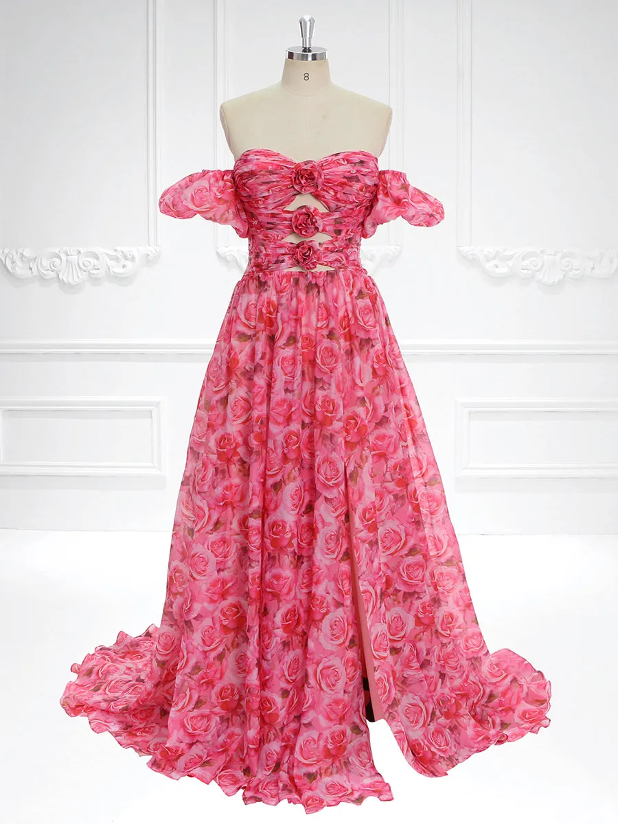 Floral Print Organza Maxi Dress Prom Party Dress Deachable Short Sleeves YW230739