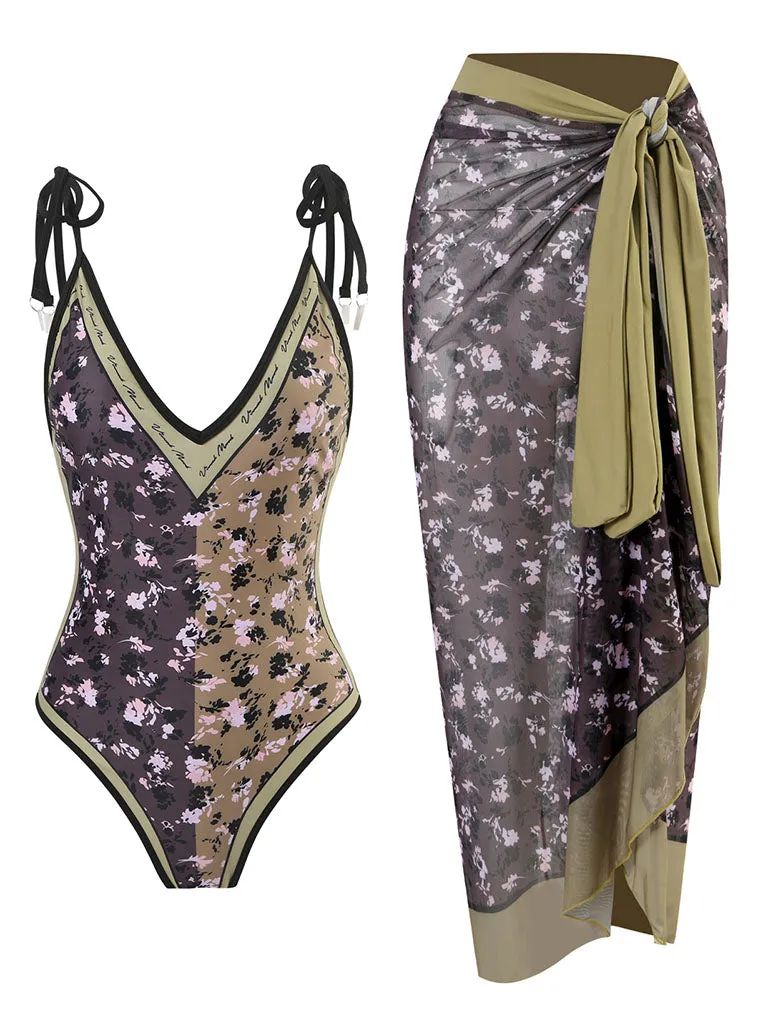 Floral Print Retro Style V Neck One Piece With Bathing Suit Wrap Skirt