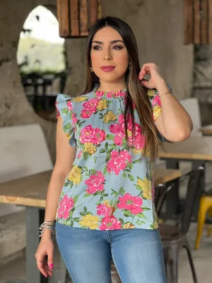 Floral Print Ruffle Sleeve Blouse
