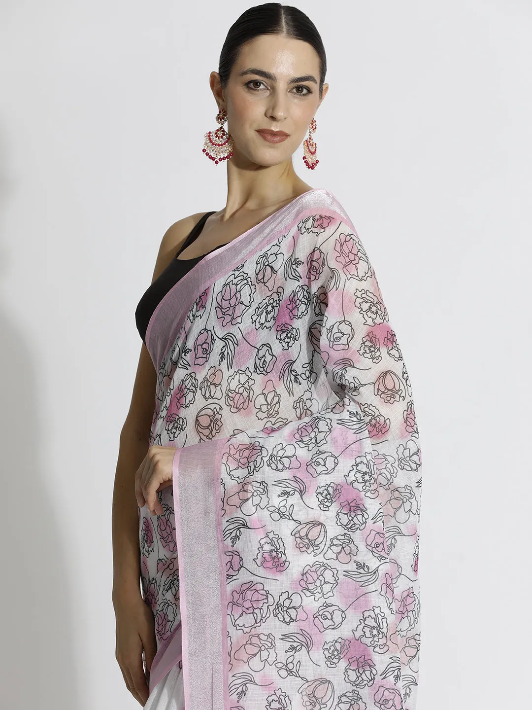 Floral Printed Daily Wear White Pure Linen Saree