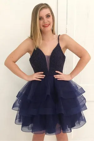 Fluffy V Neck Beaded Navy Blue Short Prom Dress, Navy Blue Formal Graduation Homecoming Dress with Beadings