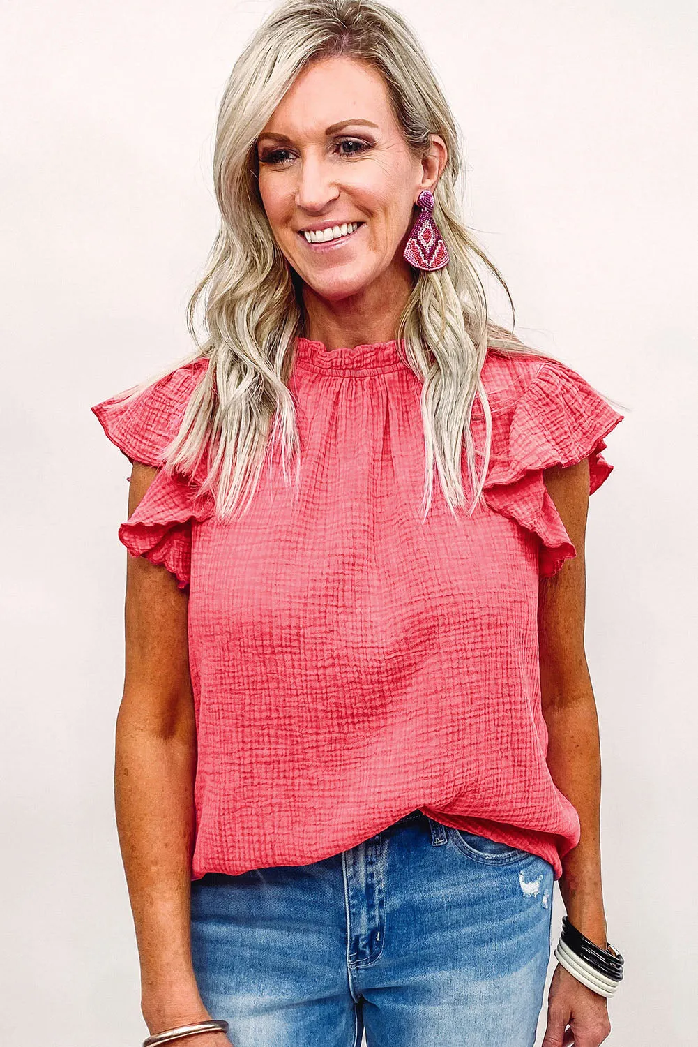 Flutter Sleeve Frilled Neck Textured Blouse