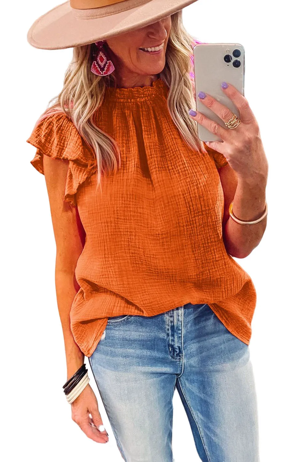 Flutter Sleeve Frilled Neck Textured Blouse