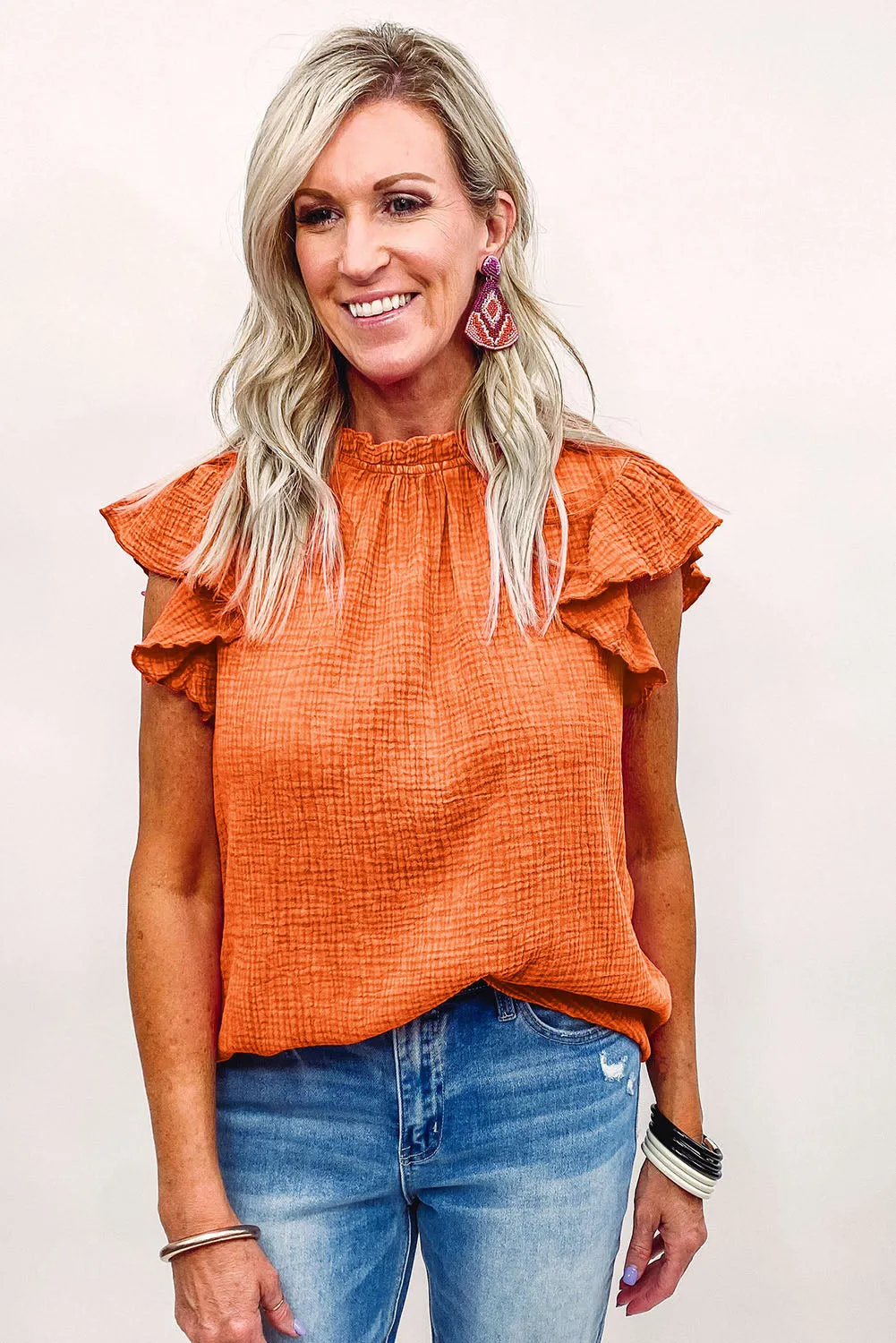 Flutter Sleeve Frilled Neck Textured Blouse