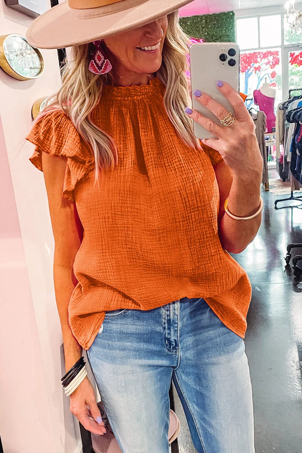 Flutter Sleeve Frilled Neck Textured Blouse