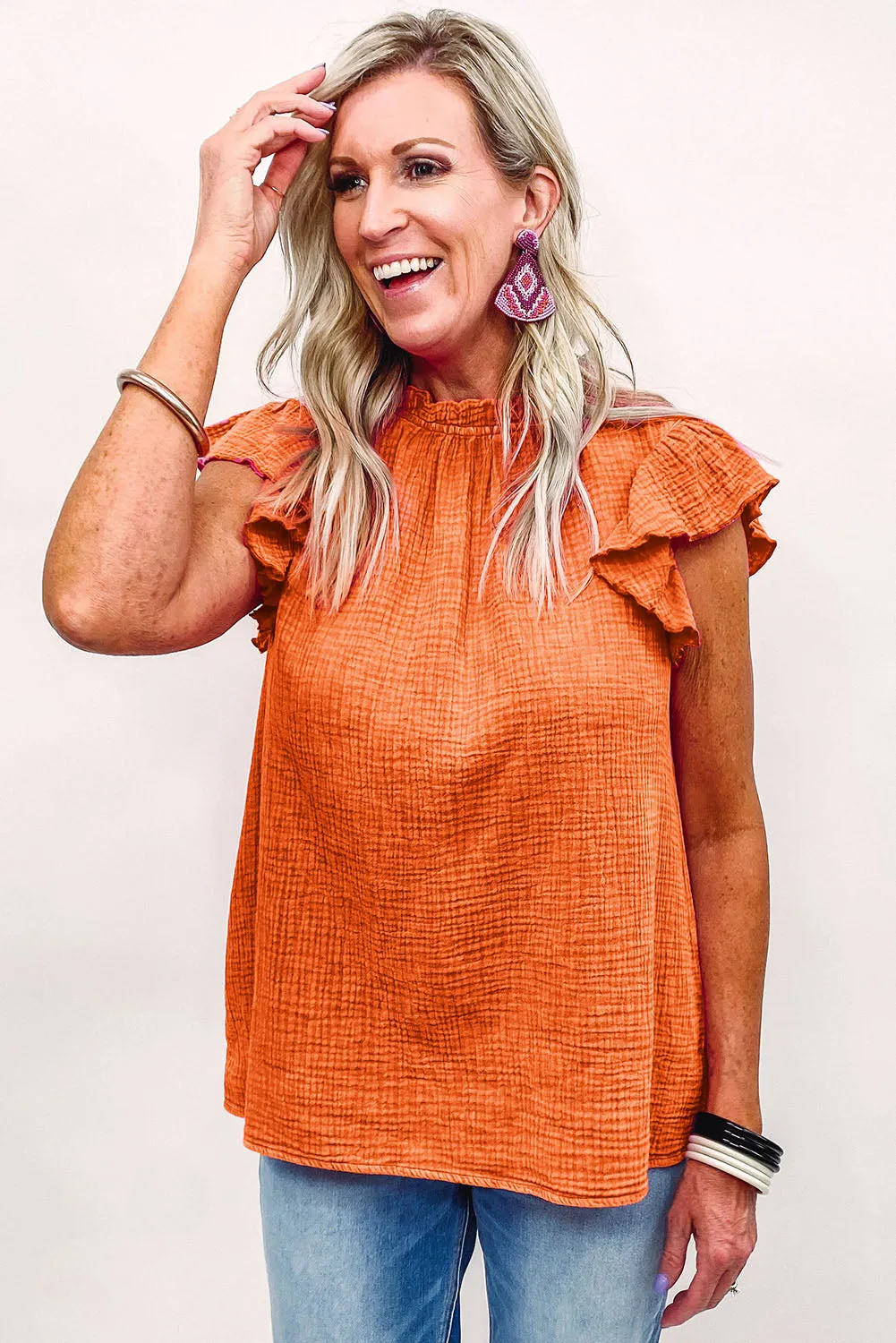 Flutter Sleeve Frilled Neck Textured Blouse