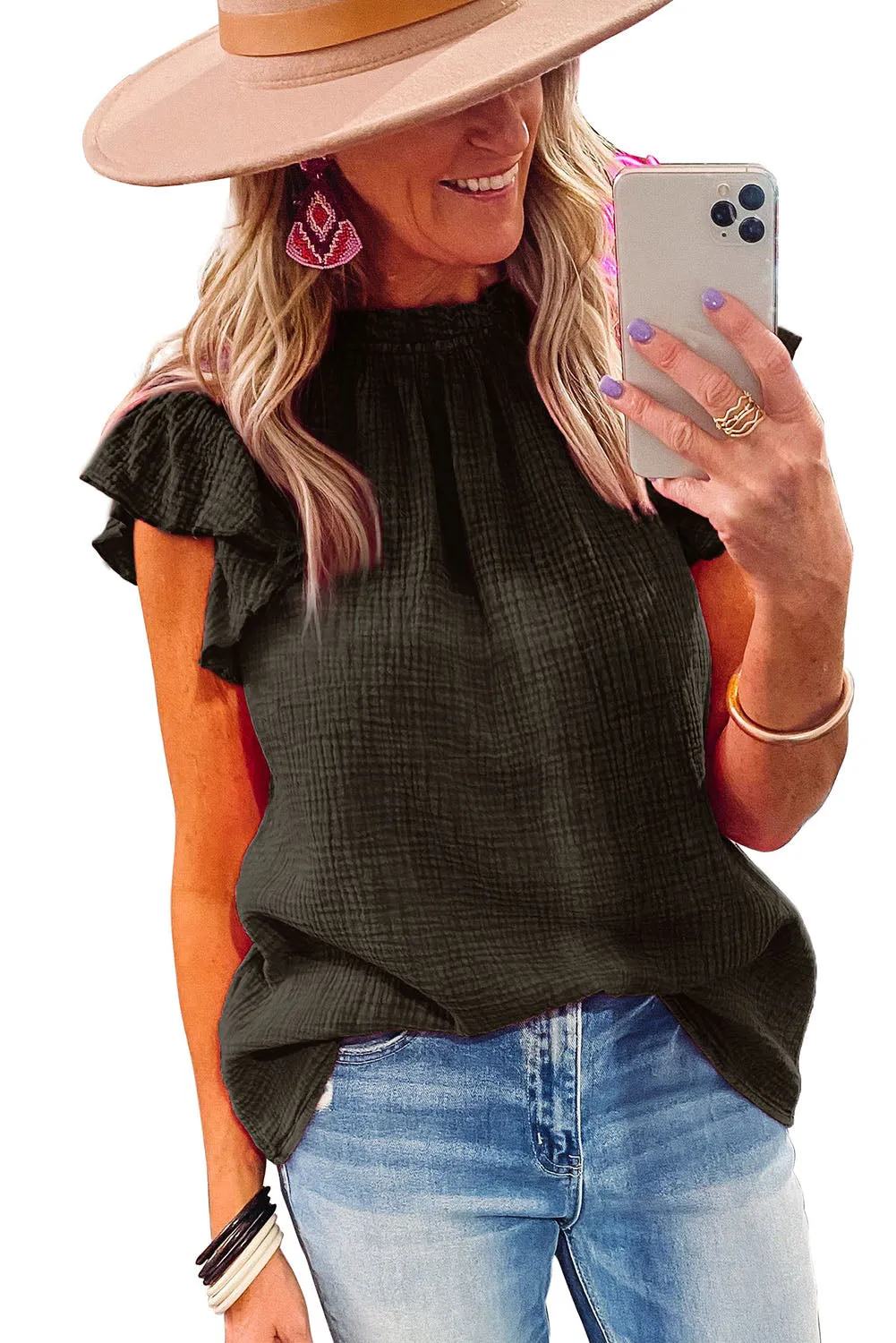 Flutter Sleeve Frilled Neck Textured Blouse