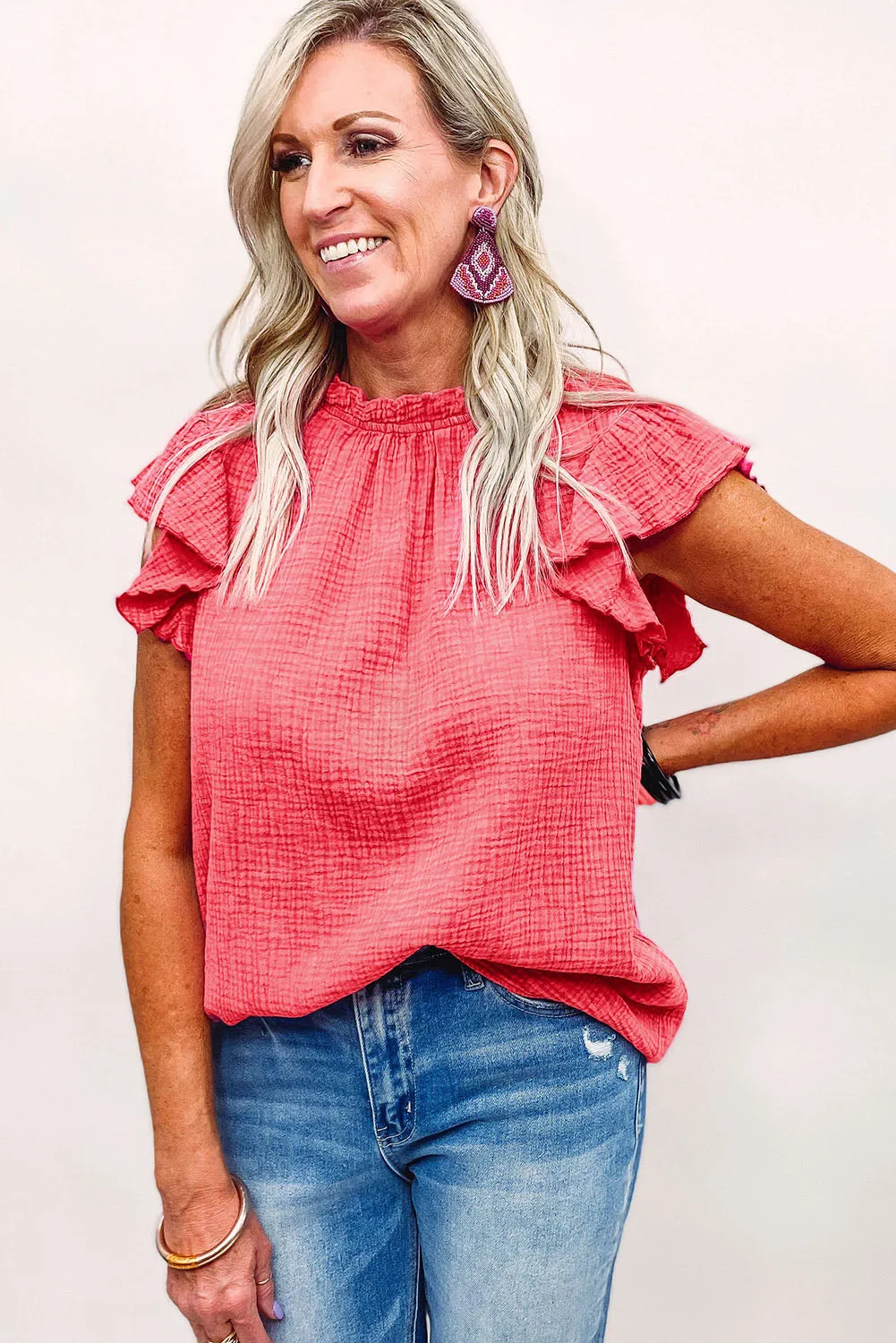 Flutter Sleeve Frilled Neck Textured Blouse