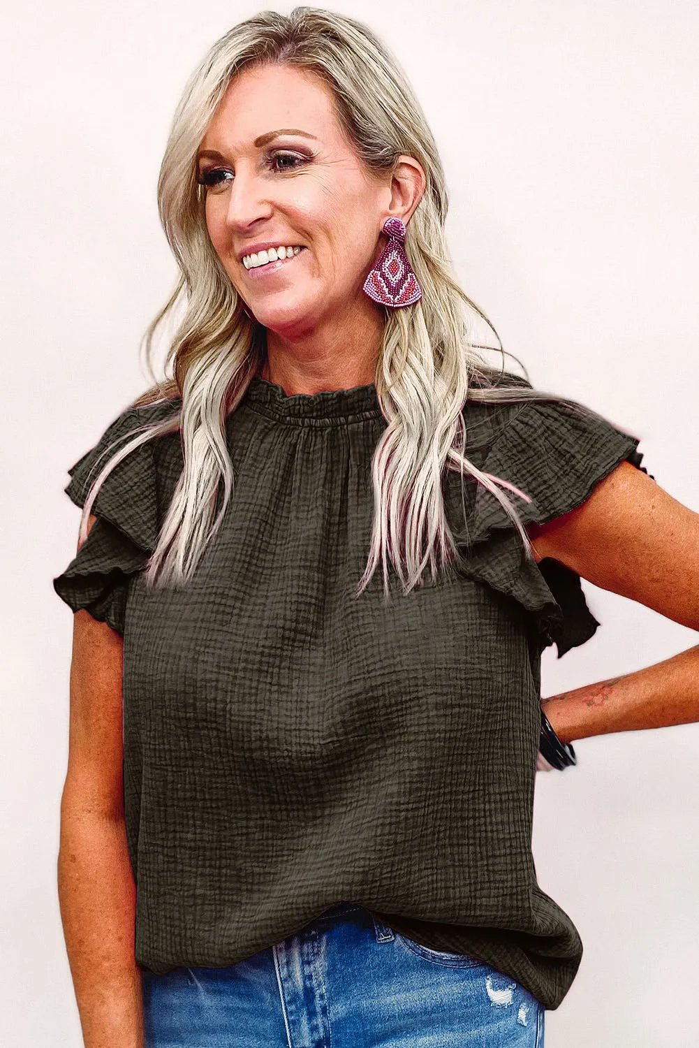 Flutter Sleeve Frilled Neck Textured Blouse