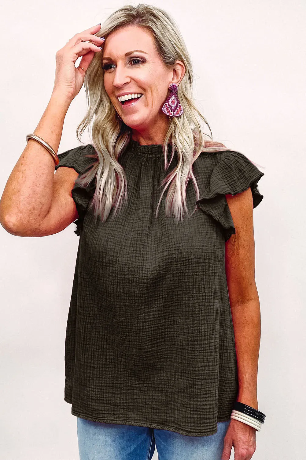 Flutter Sleeve Frilled Neck Textured Blouse