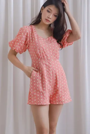 Flynn Diamond Neck Romper In Coral Embro