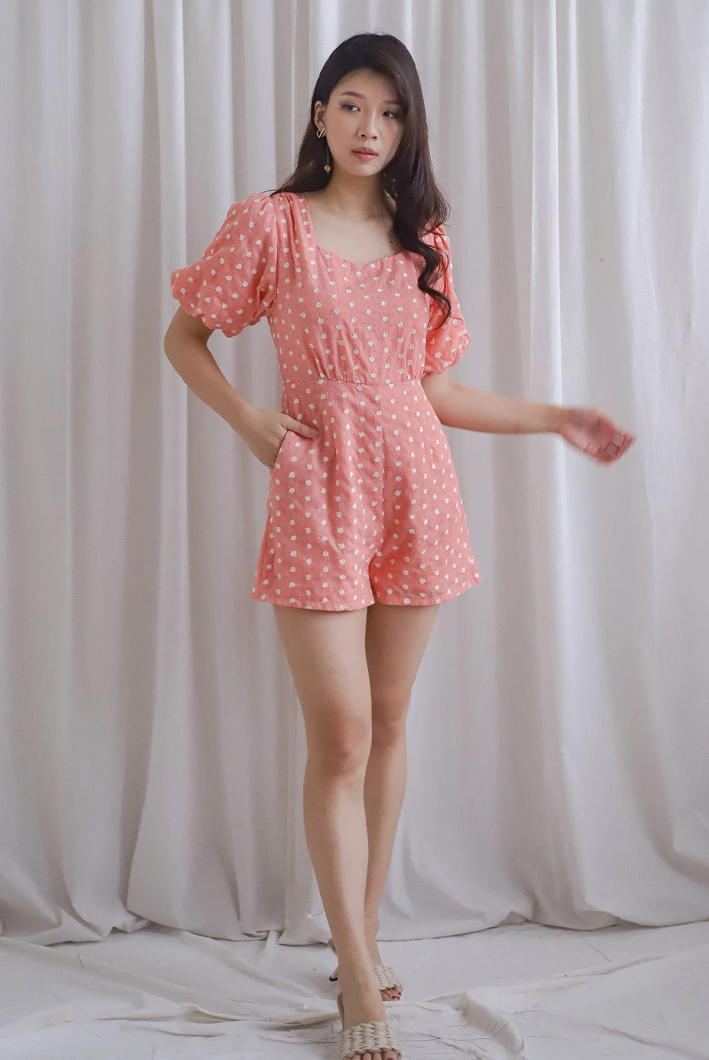 Flynn Diamond Neck Romper In Coral Embro