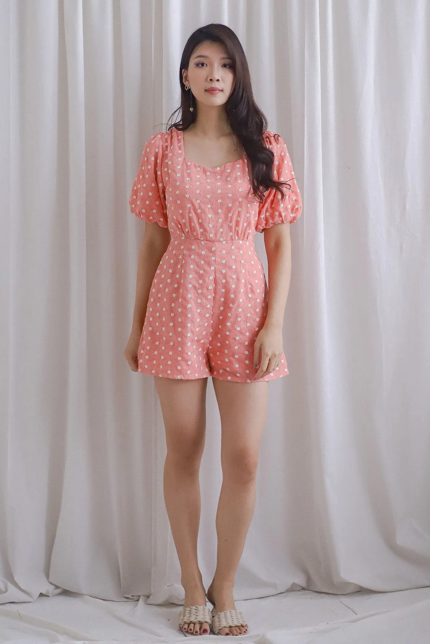 Flynn Diamond Neck Romper In Coral Embro