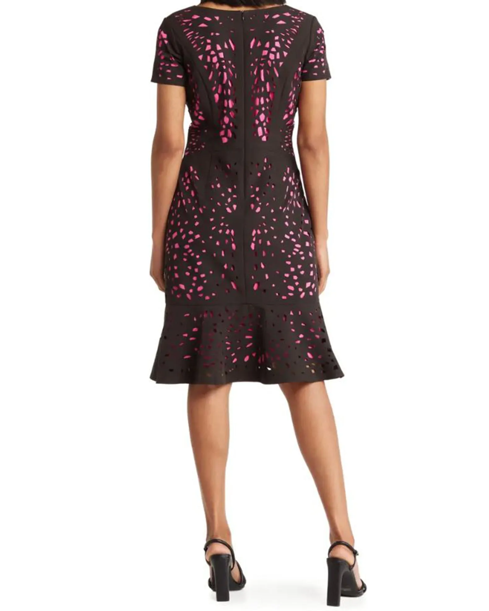 FOCUS by Shani — Tulip Flounce Laser Cut Dress in Pink