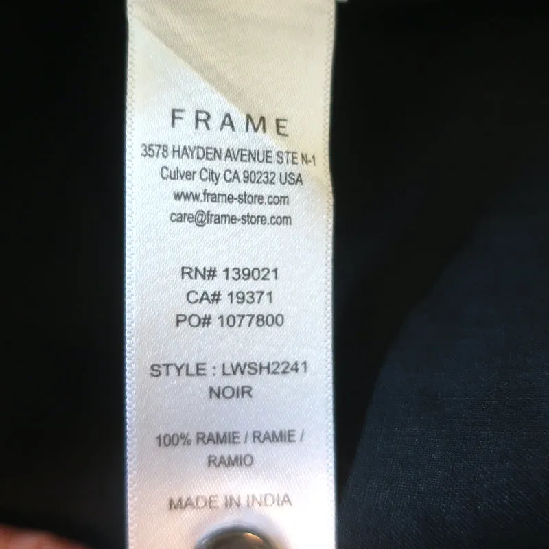FRAME Lauren Ruffle Blouse Black Ramie Size Extra Small Long Sleeve Top
