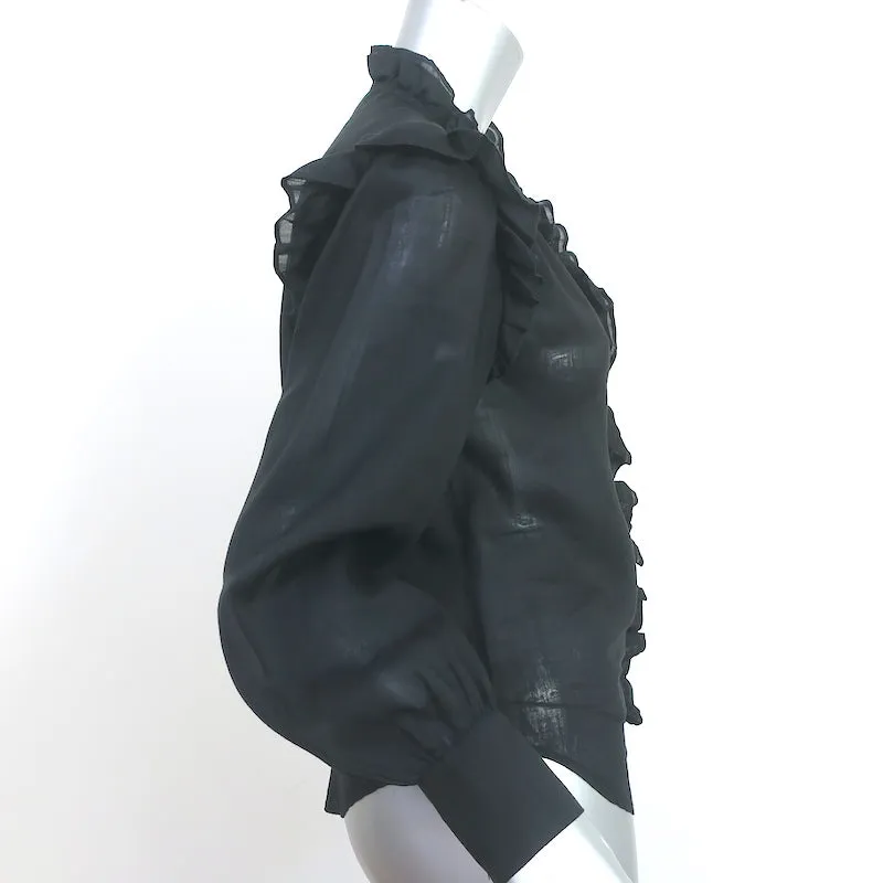 FRAME Lauren Ruffle Blouse Black Ramie Size Extra Small Long Sleeve Top