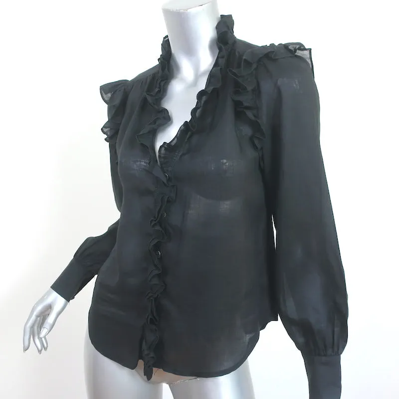 FRAME Lauren Ruffle Blouse Black Ramie Size Extra Small Long Sleeve Top