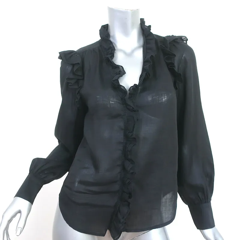 FRAME Lauren Ruffle Blouse Black Ramie Size Extra Small Long Sleeve Top