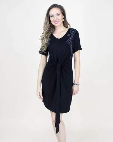 Front-Tie Rhinestone T-Shirt Dress (2 Colors)