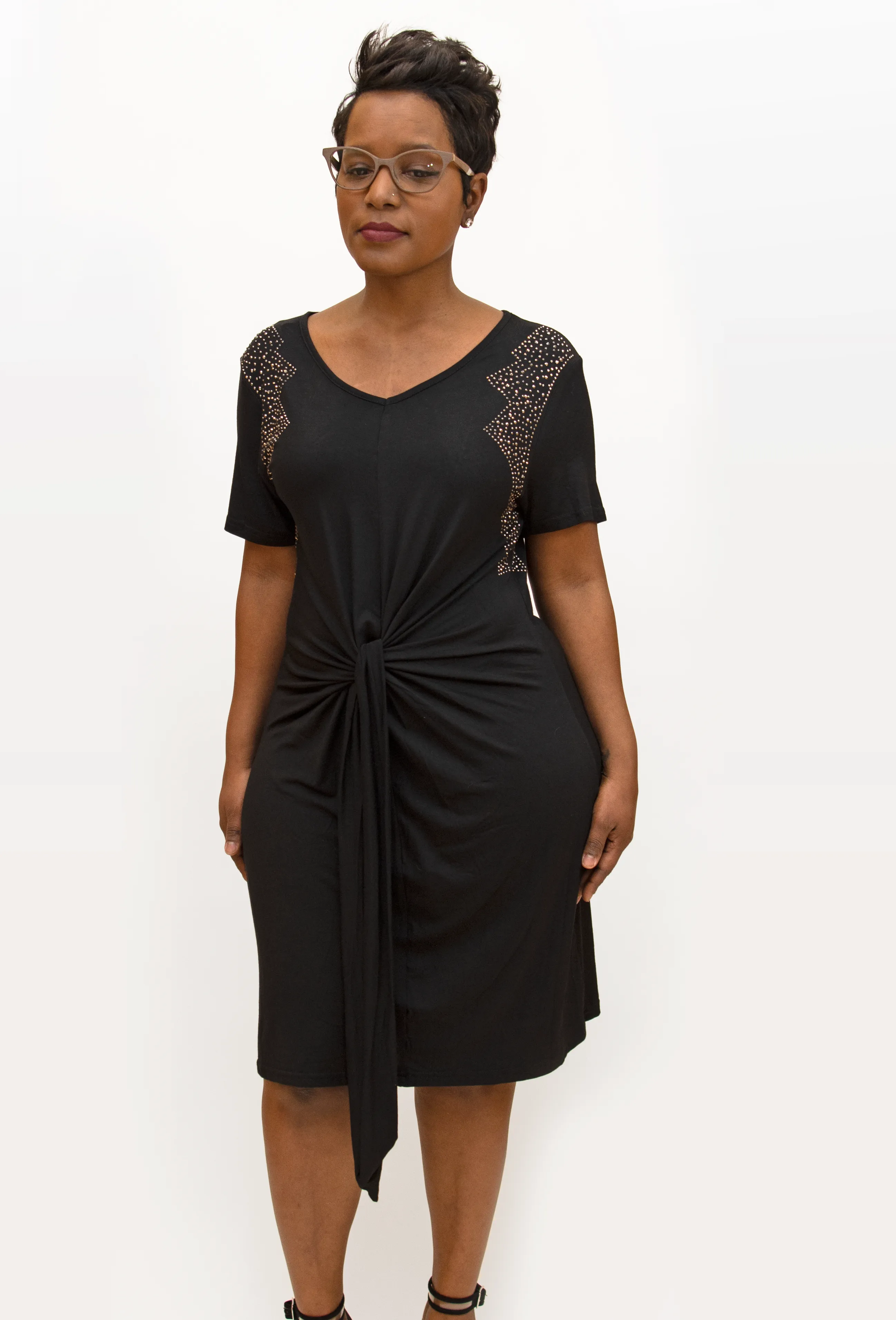 Front-Tie Rhinestone T-Shirt Dress (2 Colors)