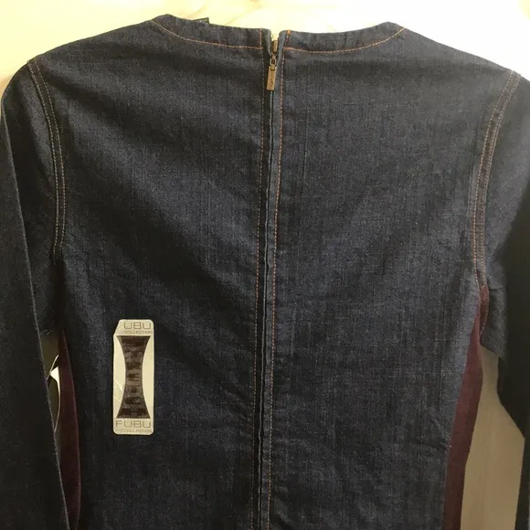 FUBU mixed media jean/velo long sleeve dress with back zipper. NWT