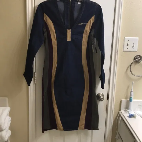 FUBU mixed media jean/velo long sleeve dress with back zipper. NWT