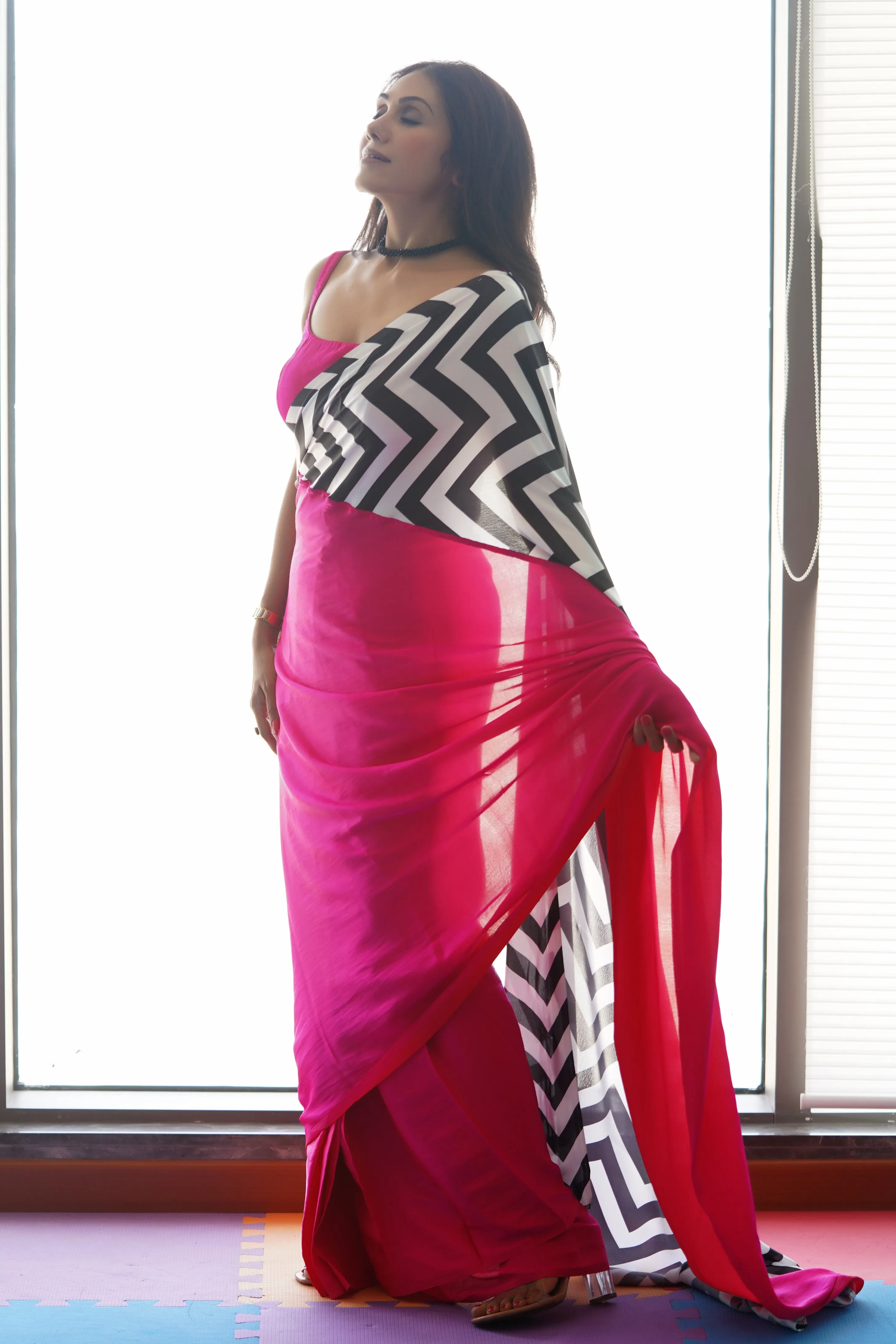 Fuchsia Satin Saree with Chevron Print with Fuchsia Blouse Fabric