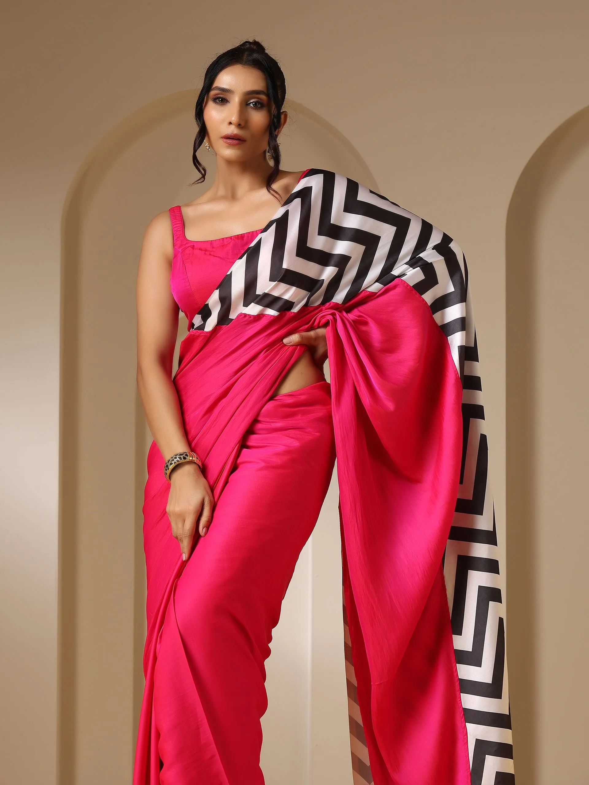 Fuchsia Satin Saree with Chevron Print with Fuchsia Blouse Fabric