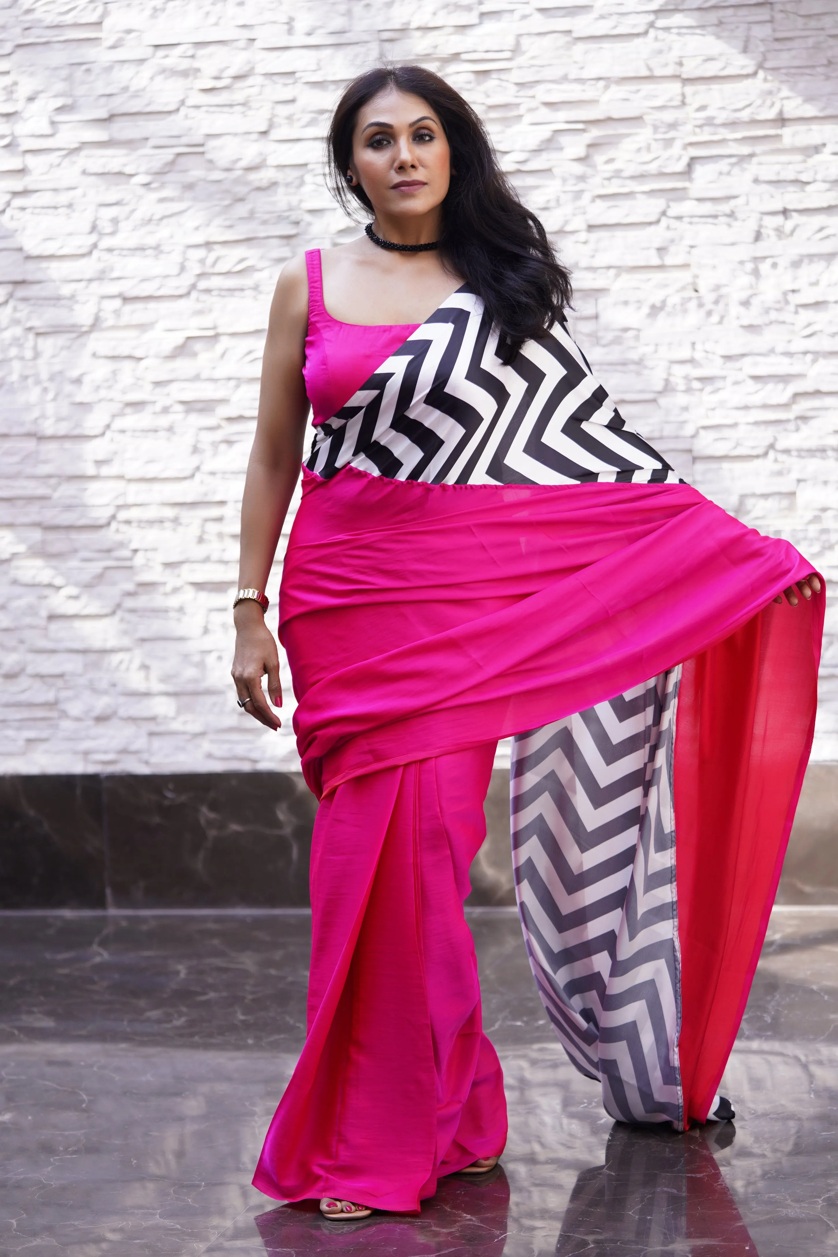 Fuchsia Satin Saree with Chevron Print with Fuchsia Blouse Fabric