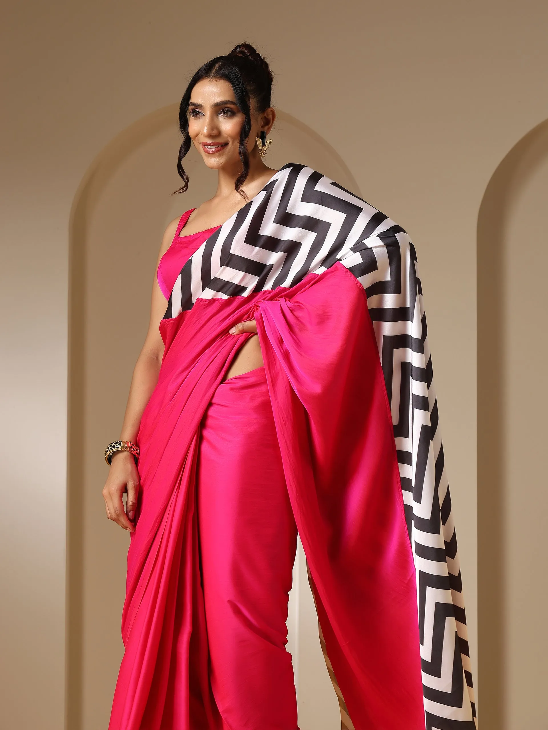 Fuchsia Satin Saree with Chevron Print with Fuchsia Blouse Fabric