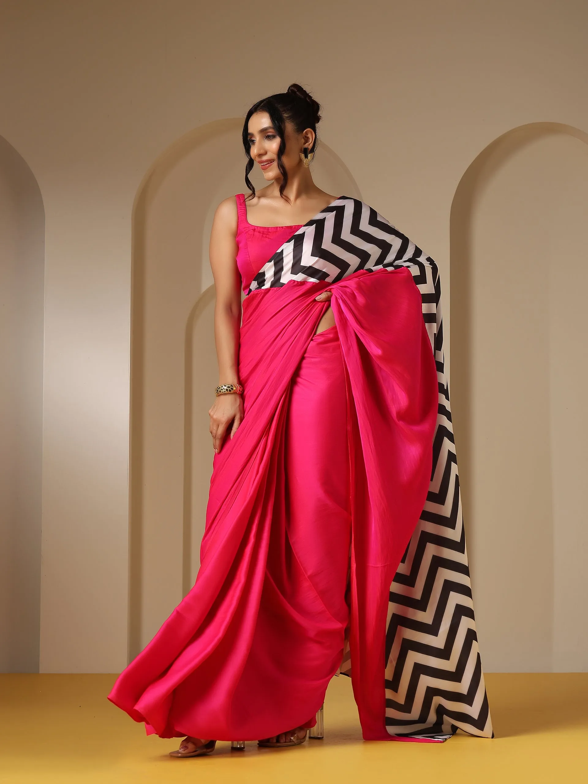 Fuchsia Satin Saree with Chevron Print with Fuchsia Blouse Fabric