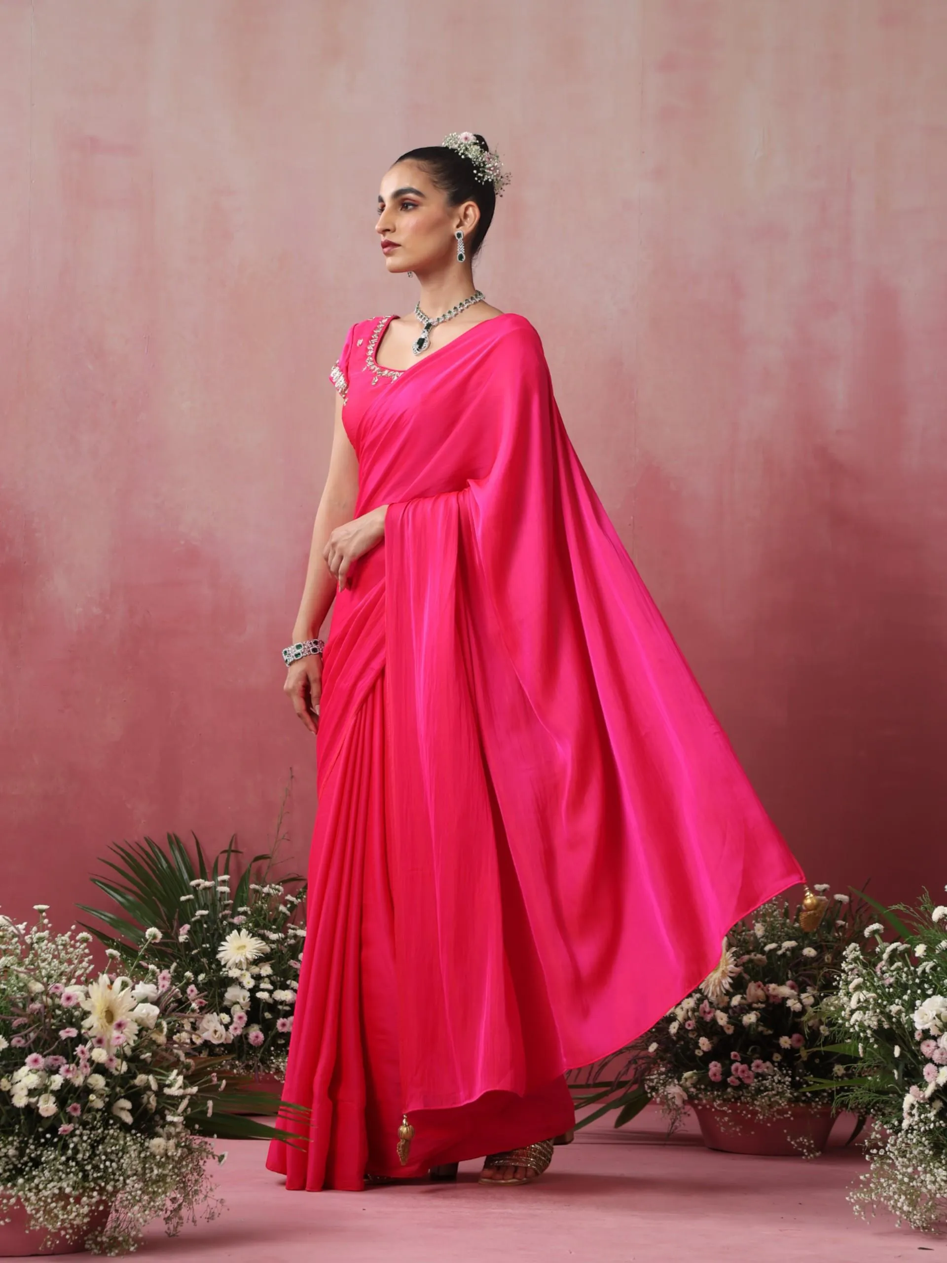 Fuchsia Satin Saree with Hand Embroidery Blouse Fabric