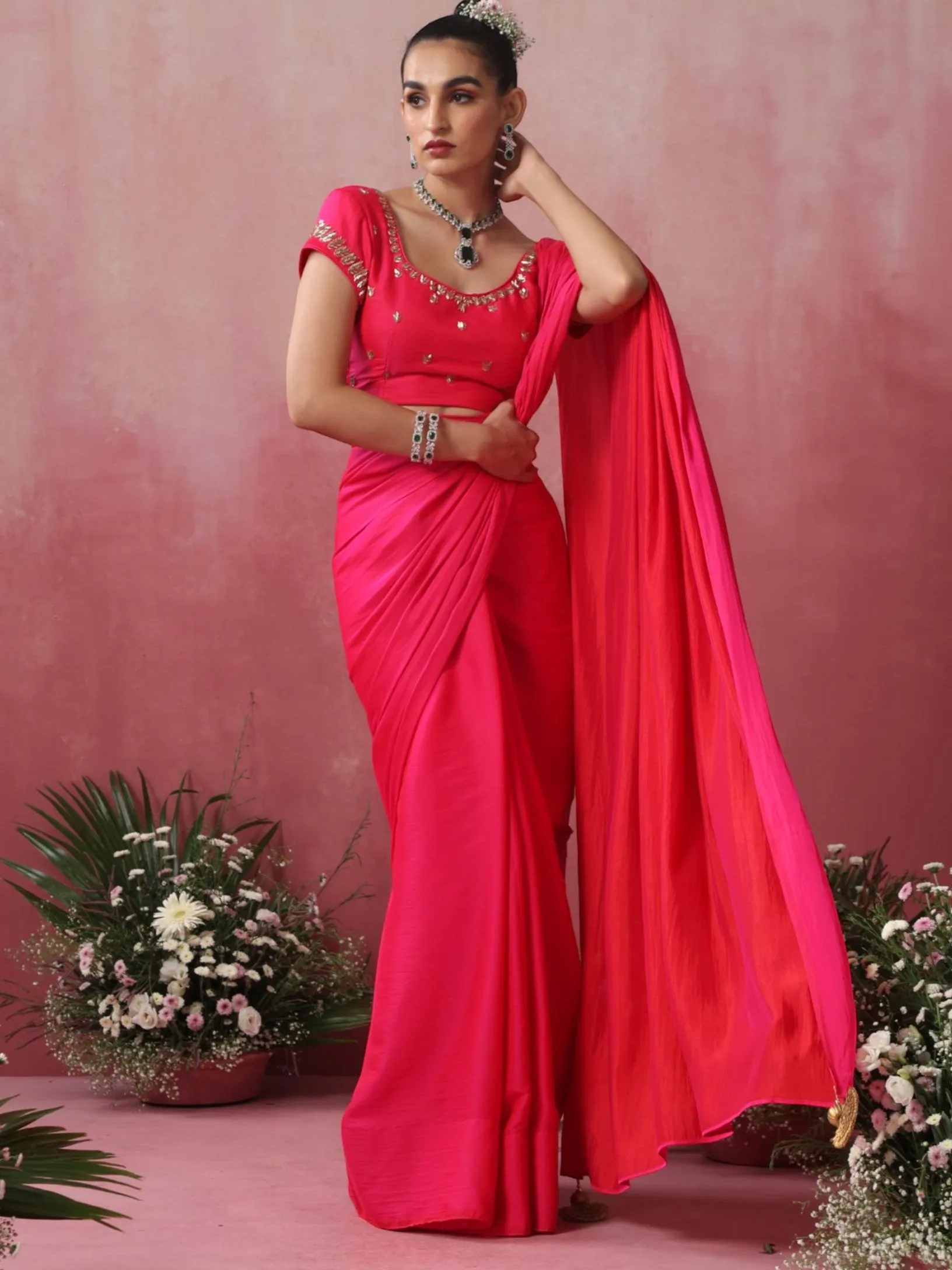 Fuchsia Satin Saree with Hand Embroidery Blouse Fabric