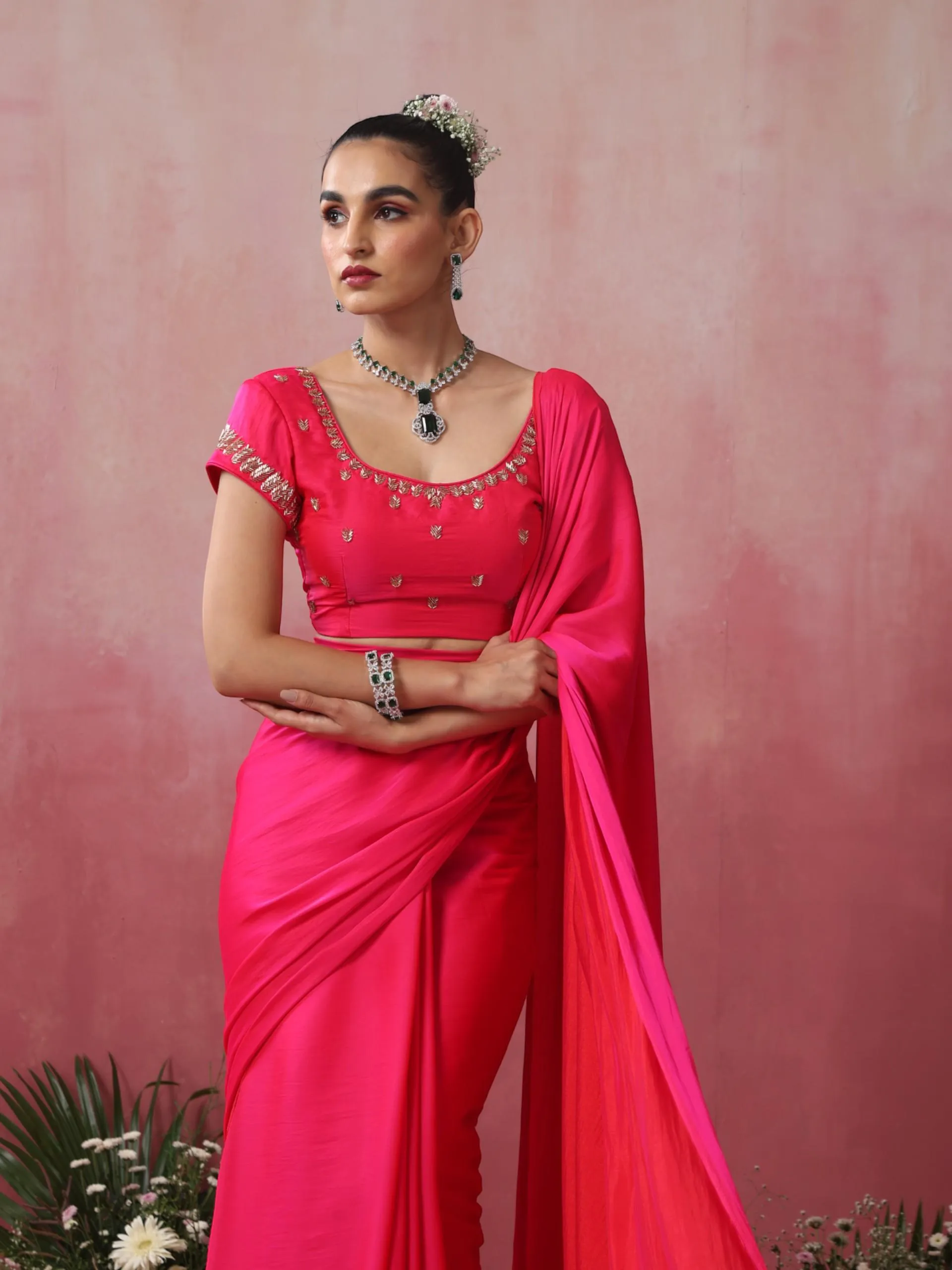 Fuchsia Satin Saree with Hand Embroidery Blouse Fabric