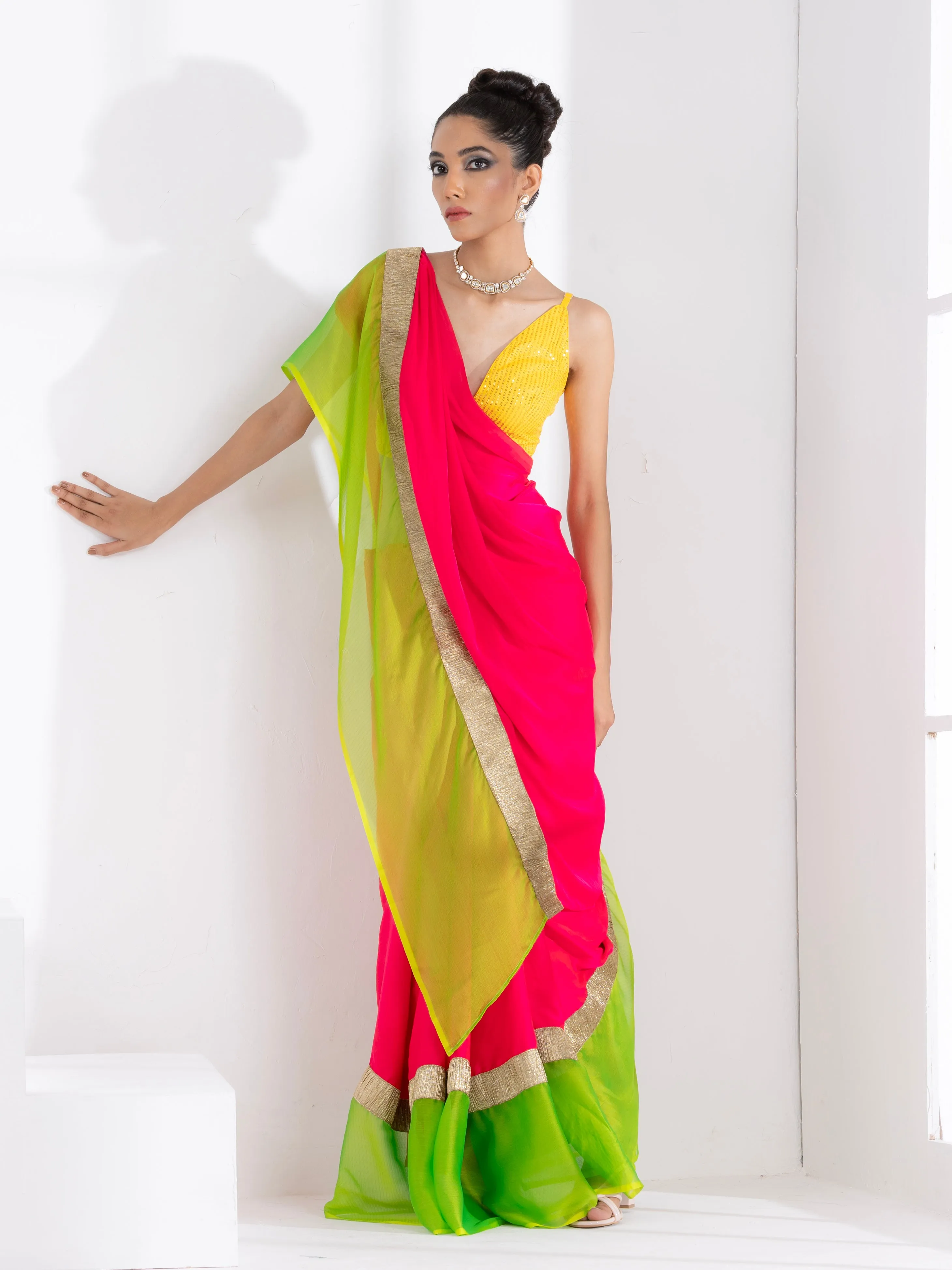 Fuchsia Satin Saree with Lime Green Chiffon border with Lace & yellow sequin Blouse Fabric