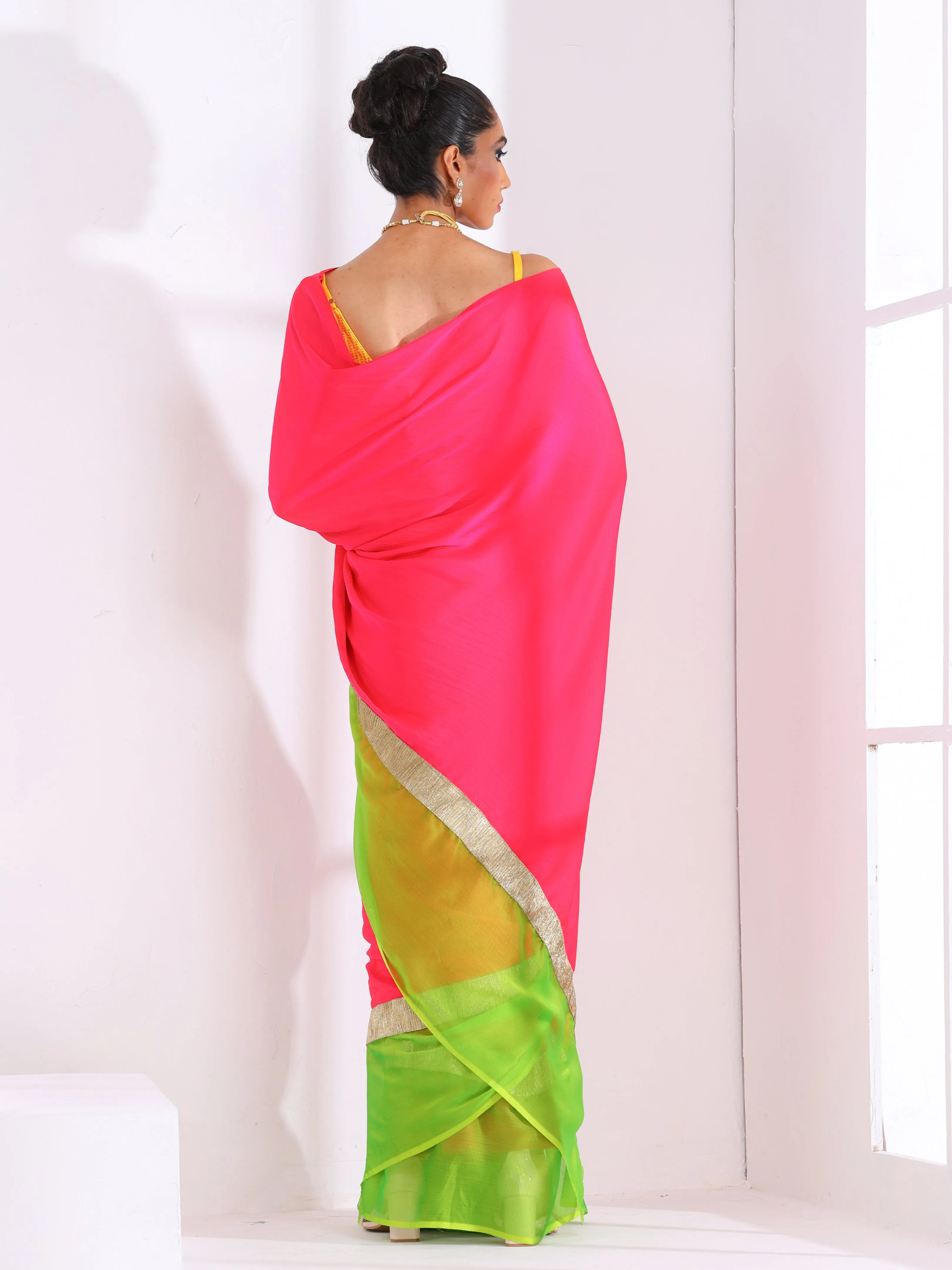 Fuchsia Satin Saree with Lime Green Chiffon border with Lace & yellow sequin Blouse Fabric