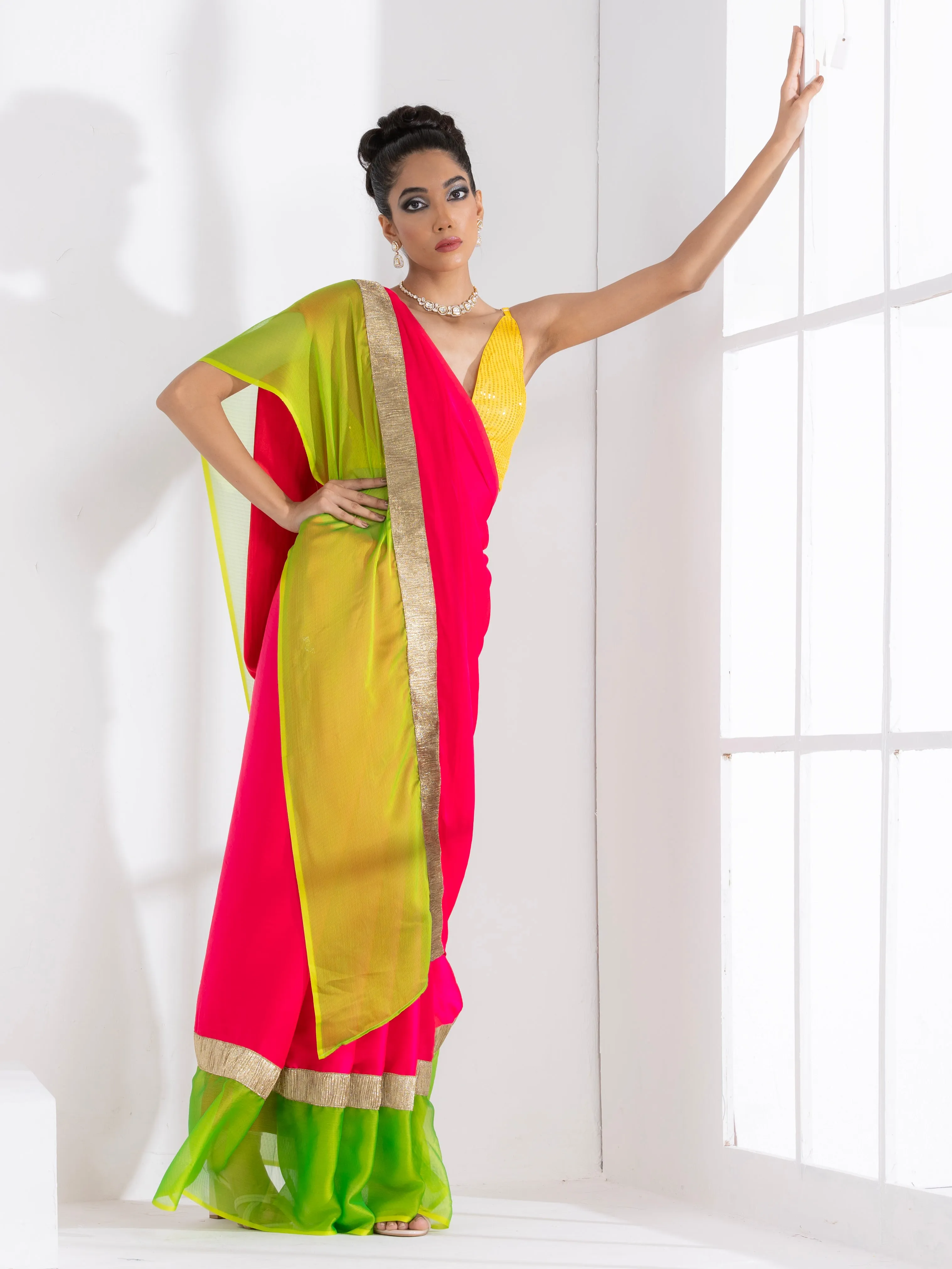 Fuchsia Satin Saree with Lime Green Chiffon border with Lace & yellow sequin Blouse Fabric