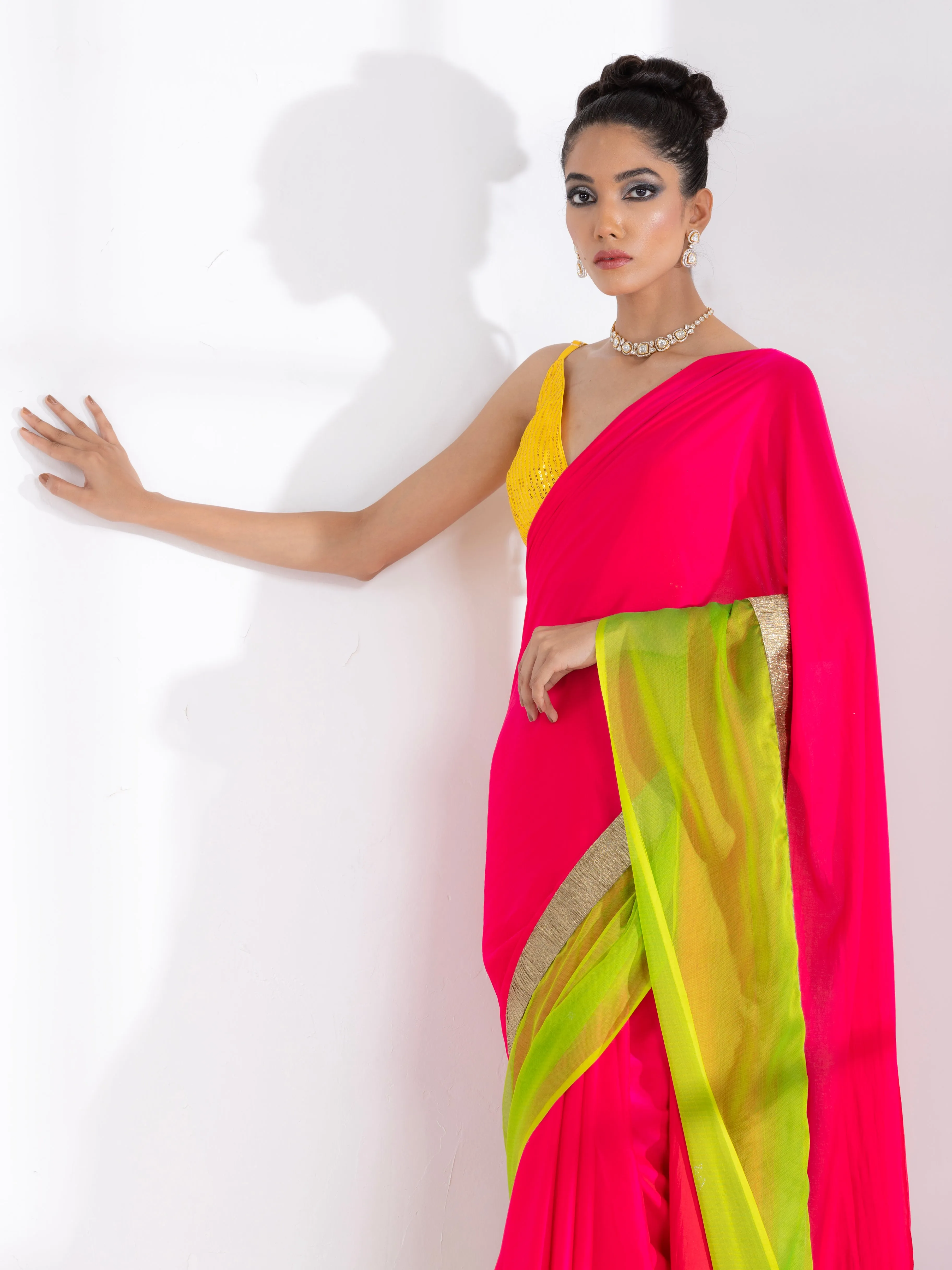 Fuchsia Satin Saree with Lime Green Chiffon border with Lace & yellow sequin Blouse Fabric