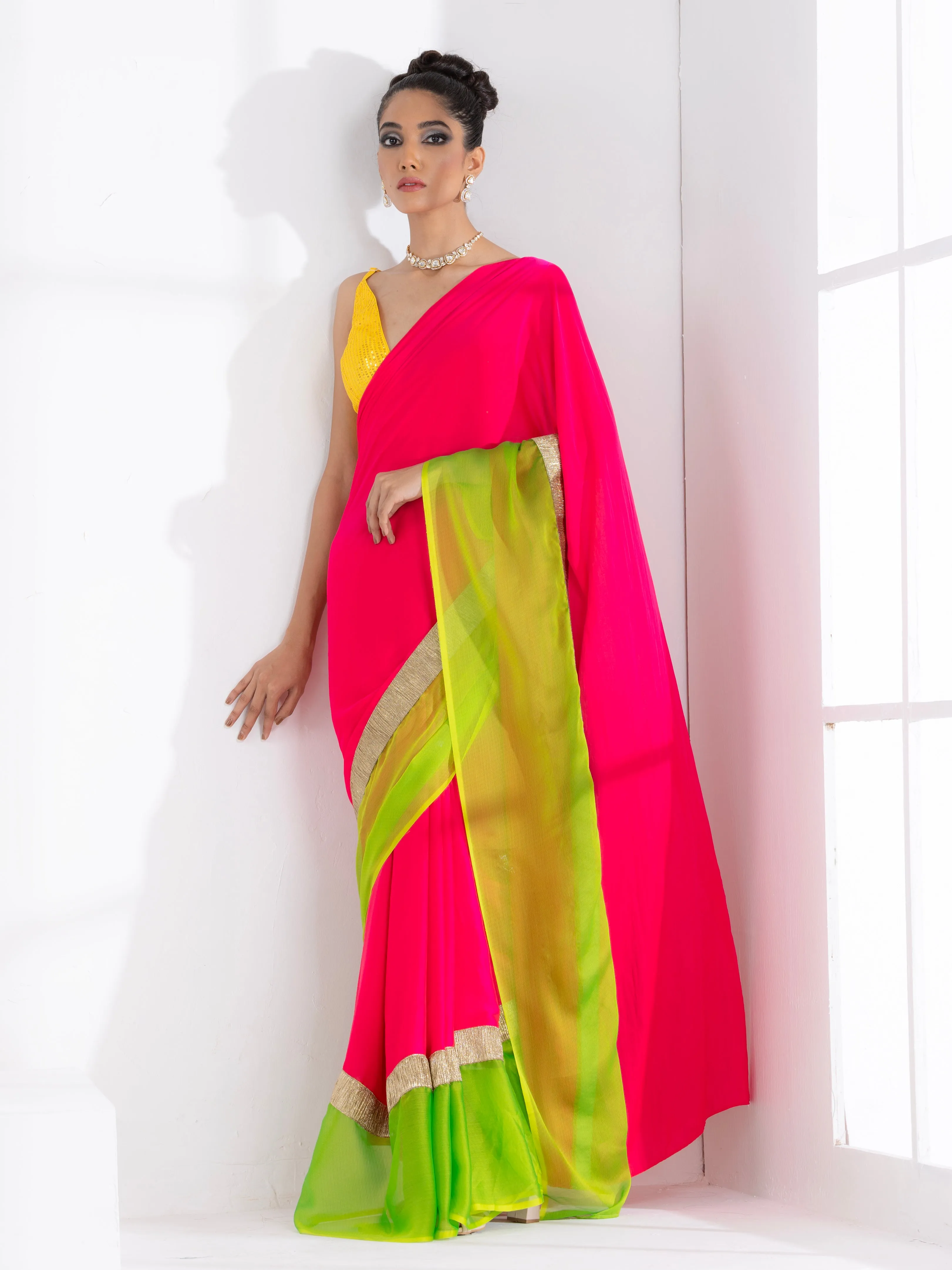 Fuchsia Satin Saree with Lime Green Chiffon border with Lace & yellow sequin Blouse Fabric