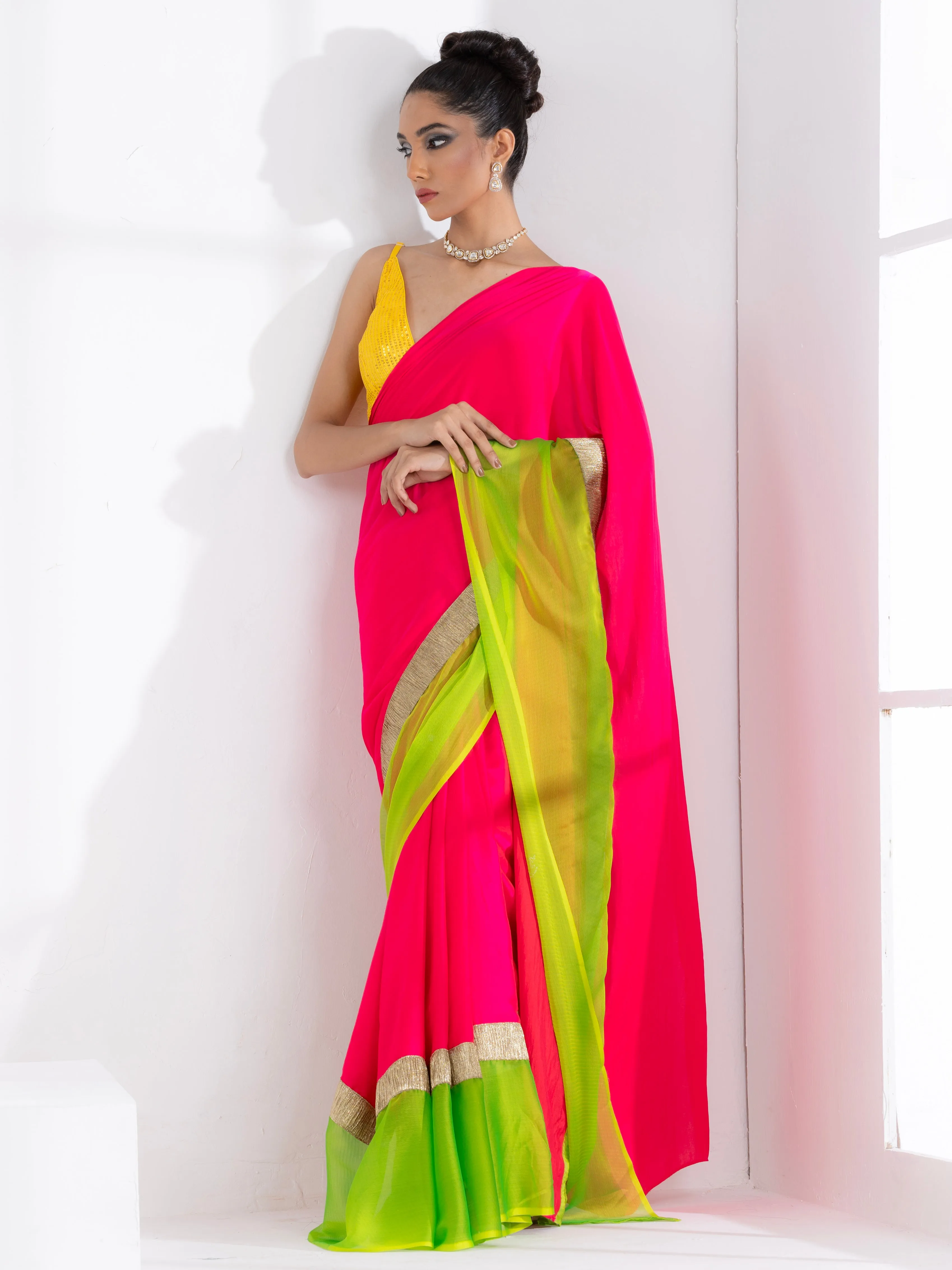 Fuchsia Satin Saree with Lime Green Chiffon border with Lace & yellow sequin Blouse Fabric
