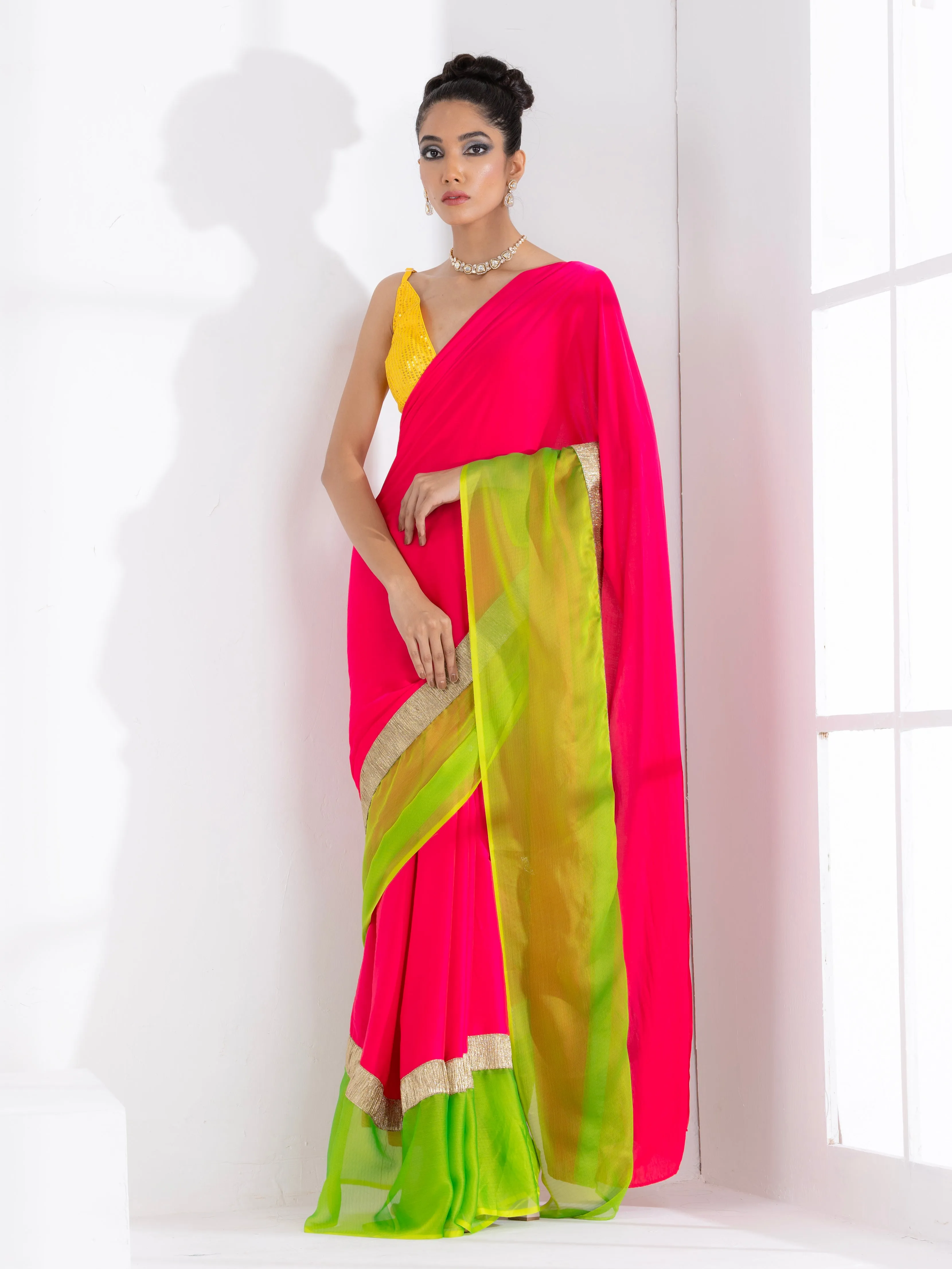Fuchsia Satin Saree with Lime Green Chiffon border with Lace & yellow sequin Blouse Fabric